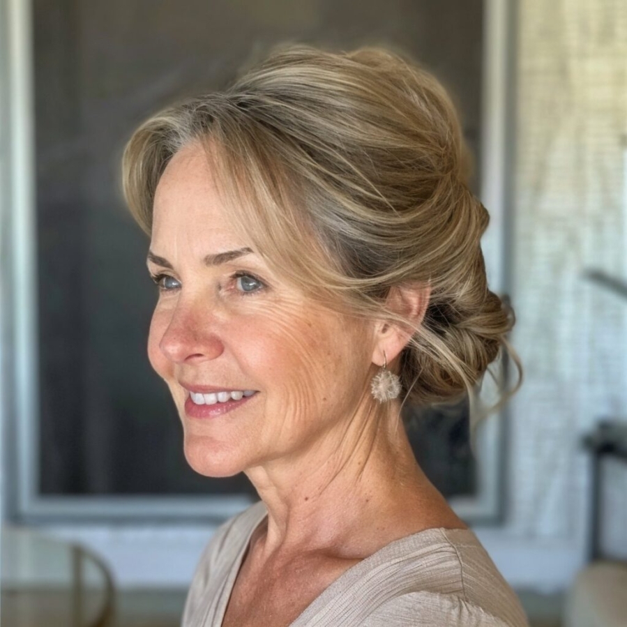 elegant low bun updo with side locks for older women